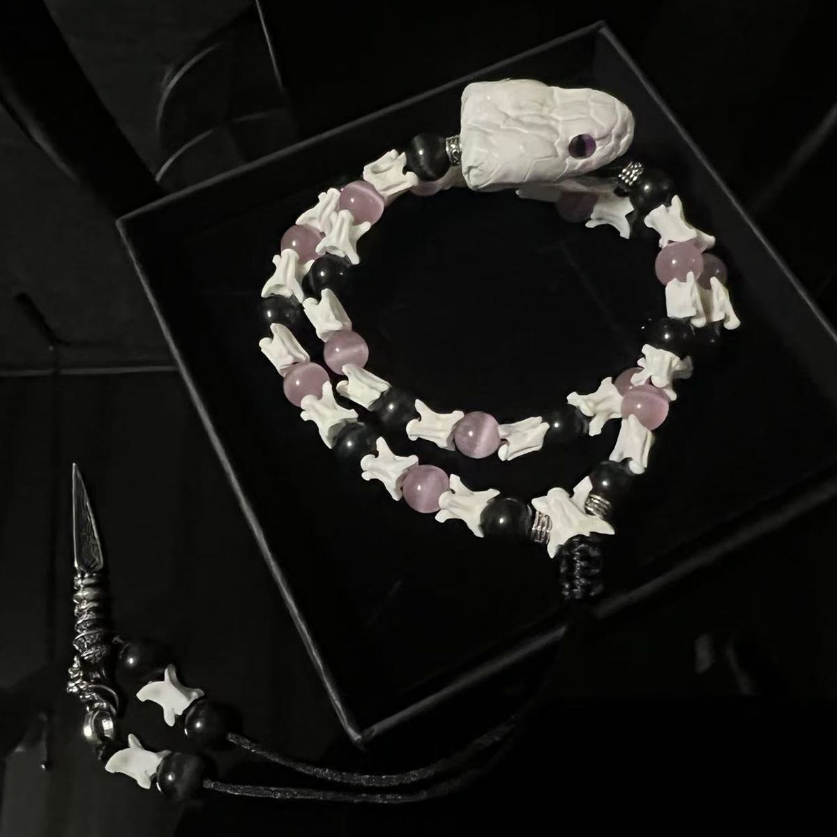 Real Snake Spine Bone Bracelet with Ornamental Beads – Unique Gift