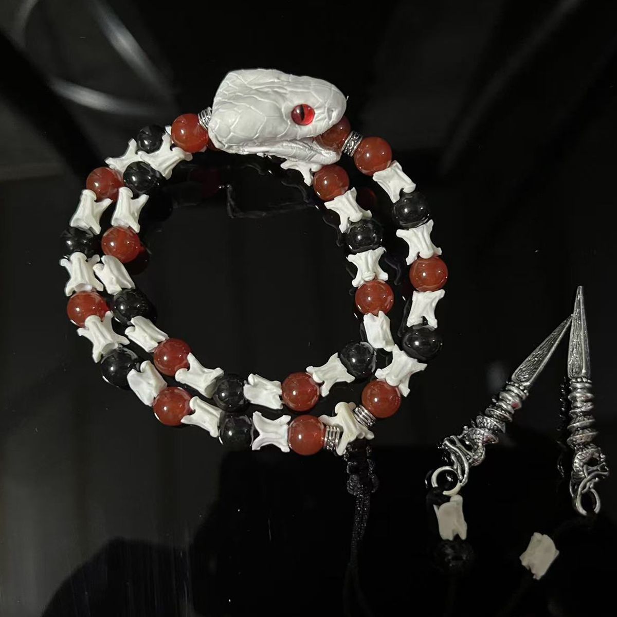 Real Snake Spine Bone Bracelet with Ornamental Beads – Unique Gift