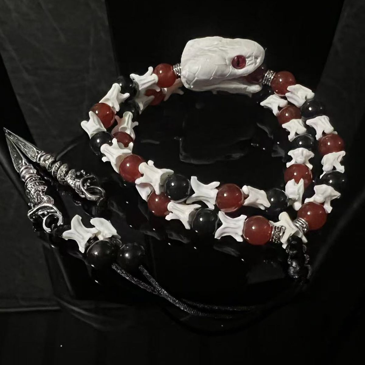 Real Snake Spine Bone Bracelet with Ornamental Beads – Unique Gift